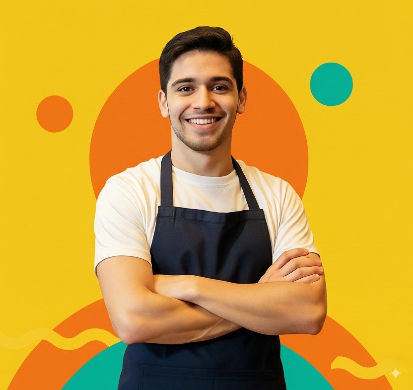 Chef sonriendo sobre un fondo colorido